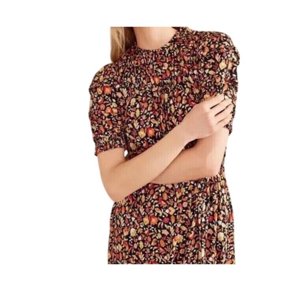 Boden Women's Floral Print Short Sleeve Dress Navy Red Size 6R Stretch Ruched